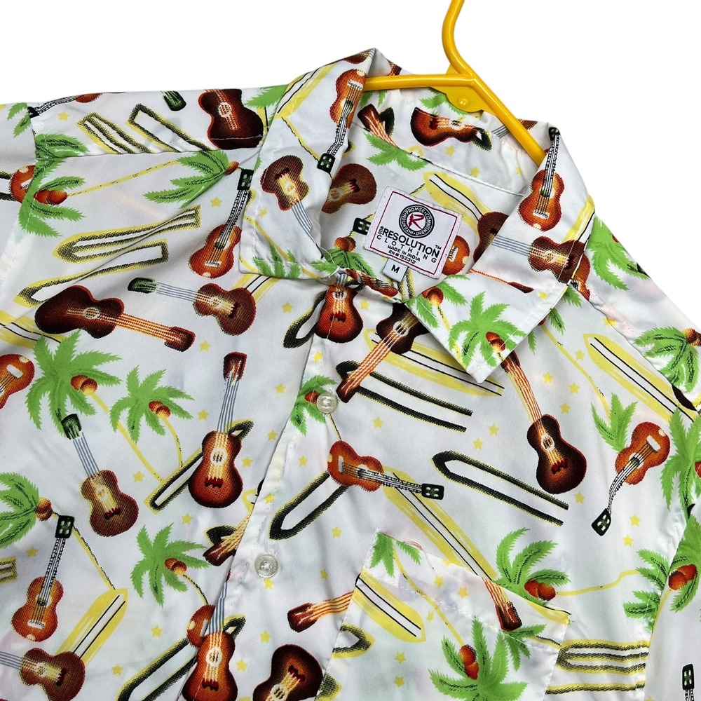 One Resolution Shirt Mens Medium White Tropical Guitar Palm Tree Hawaiian